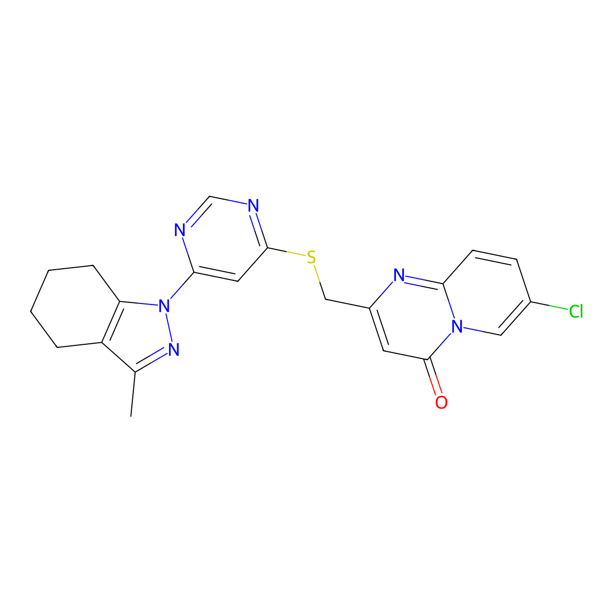 7-chloro-2-(((6-(3-methyl-4,5,6,7-tetrahydro-1H-indazol-1-yl)pyrimidin-4-yl)thio)methyl)-4H-pyrido[1,2-a]pyrimidin-4-one molecular structure, CAS 1421482-02-1