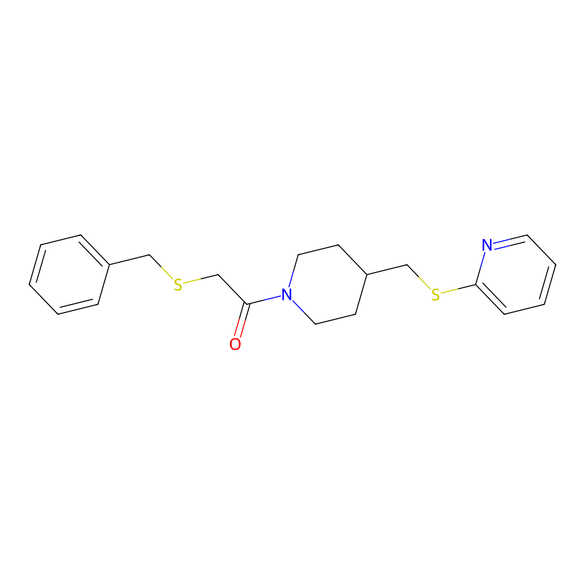 2-(Benzylthio)-1-(4-((pyridin-2-ylthio)methyl)piperidin-1-yl)ethanone molecular structure, CAS 1421482-07-6