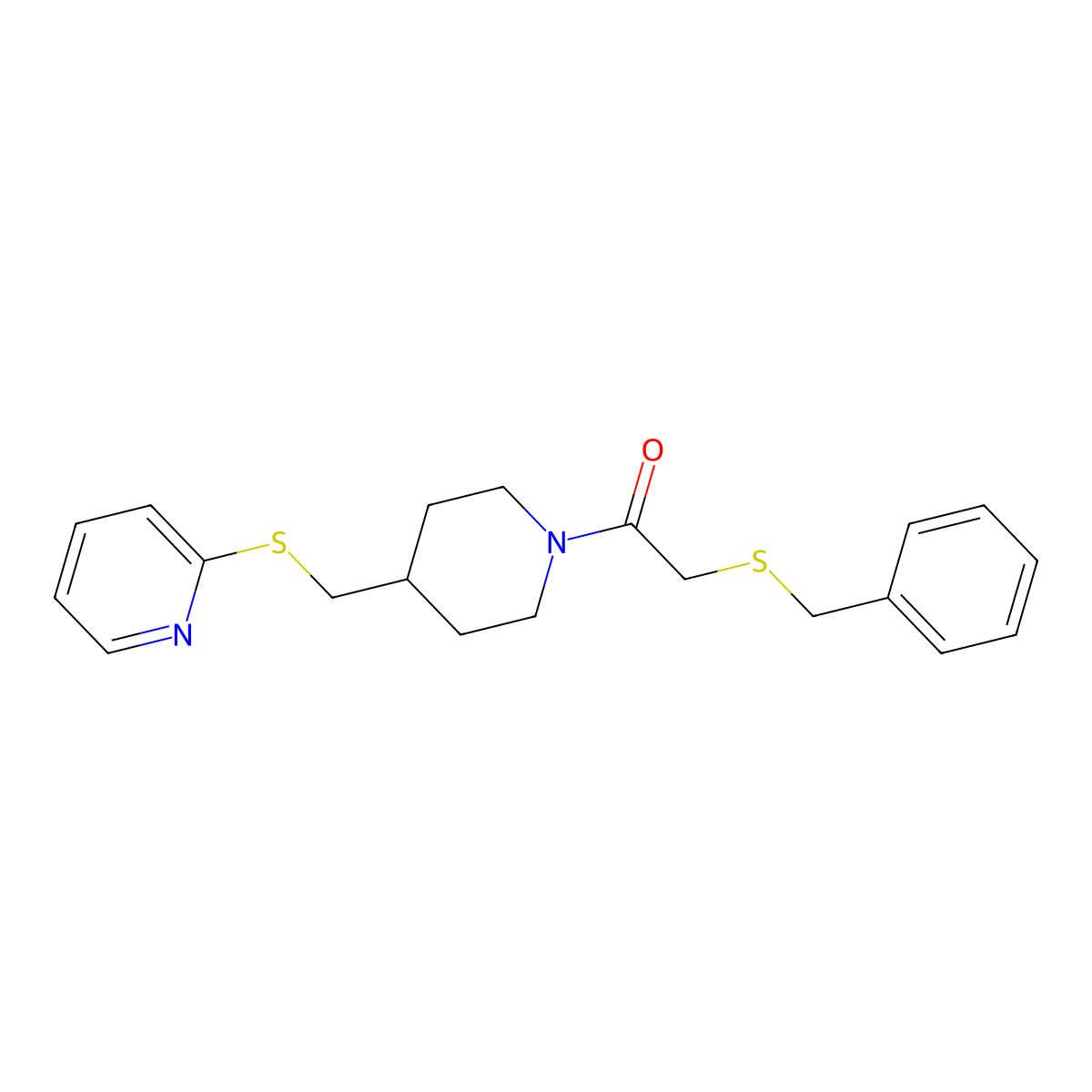 2-(Benzylthio)-1-(4-((pyridin-2-ylthio)methyl)piperidin-1-yl)ethanone molecular structure, CAS 1421482-07-6
