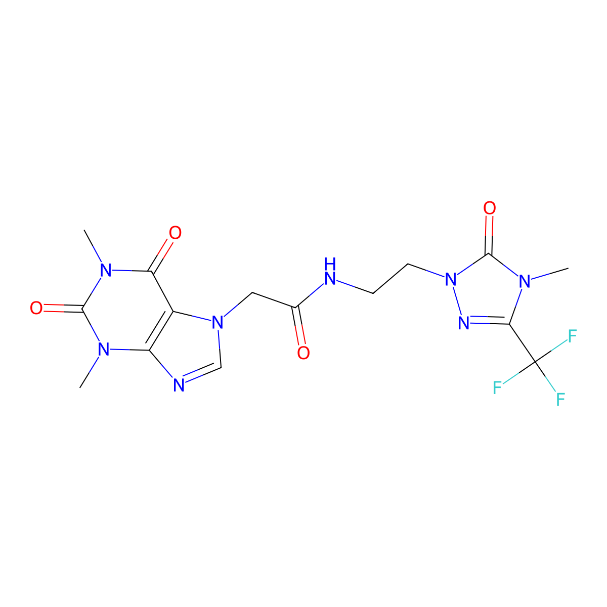 2-(1,3-dimethyl-2,6-dioxo-2,3-dihydro-1H-purin-7(6H)-yl)-N-(2-(4-methyl-5-oxo-3-(trifluoromethyl)-4,5-dihydro-1H-1,2,4-triazol-1-yl)ethyl)acetamide molecular structure, CAS 1421482-09-8