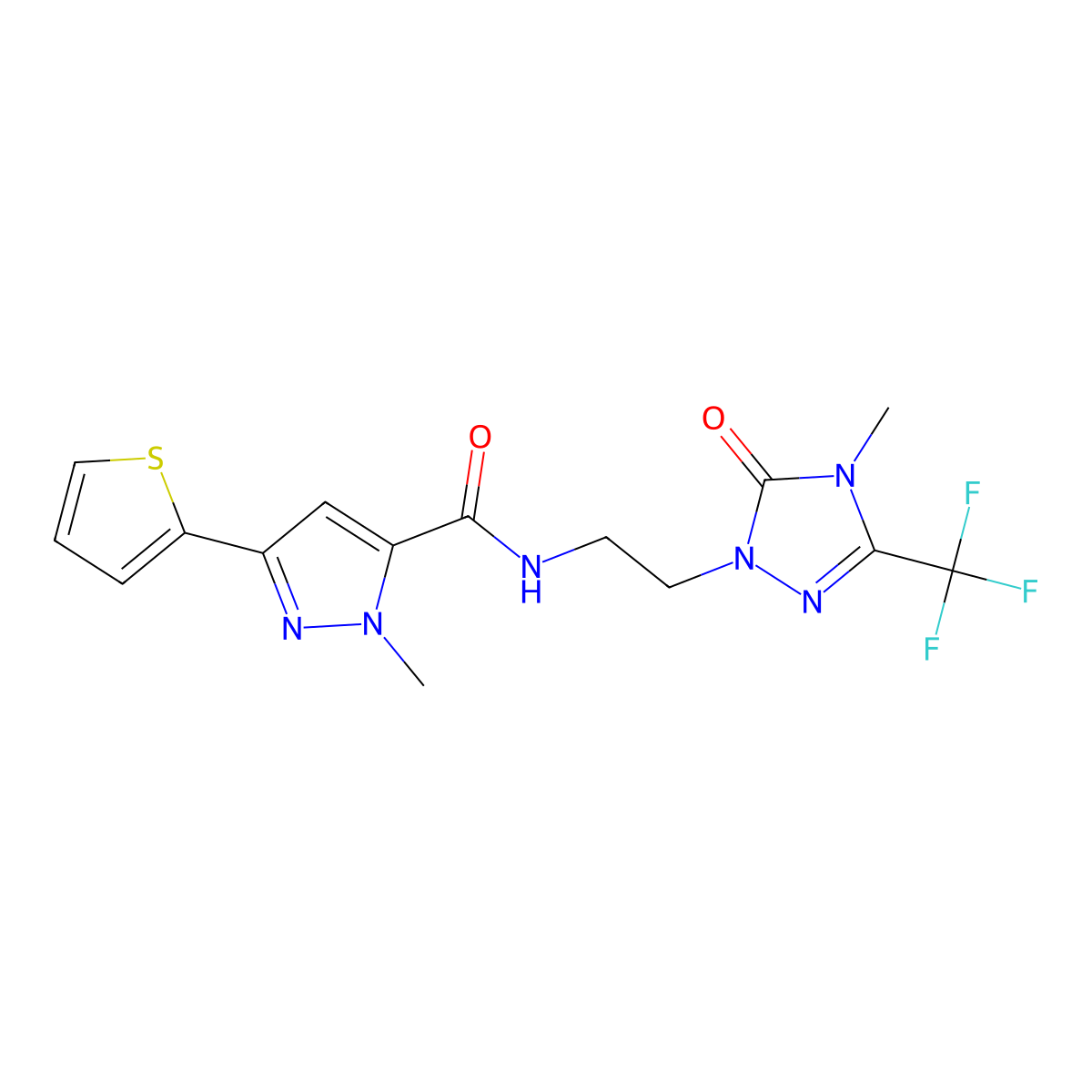 1-methyl-N-{2-[4-methyl-5-oxo-3-(trifluoromethyl)-4,5-dihydro-1H-1,2,4-triazol-1-yl]ethyl}-3-(thiophen-2-yl)-1H-pyrazole-5-carboxamide molecular structure, CAS 1421482-11-2