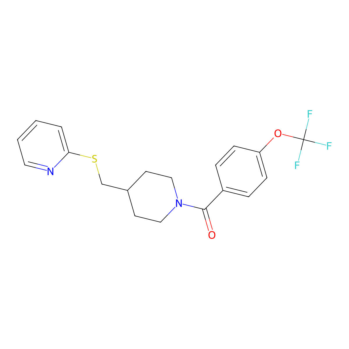 (4-((Pyridin-2-ylthio)methyl)piperidin-1-yl)(4-(trifluoromethoxy)phenyl)methanone molecular structure, CAS 1421482-16-7