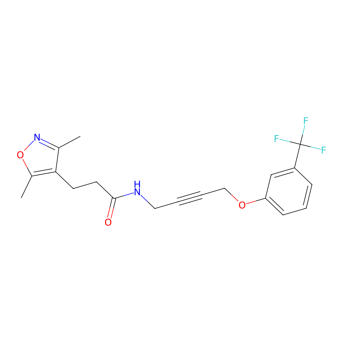 3-(3,5-dimethylisoxazol-4-yl)-N-(4-(3-(trifluoromethyl)phenoxy)but-2-yn-1-yl)propanamide molecular structure, CAS 1421482-22-5
