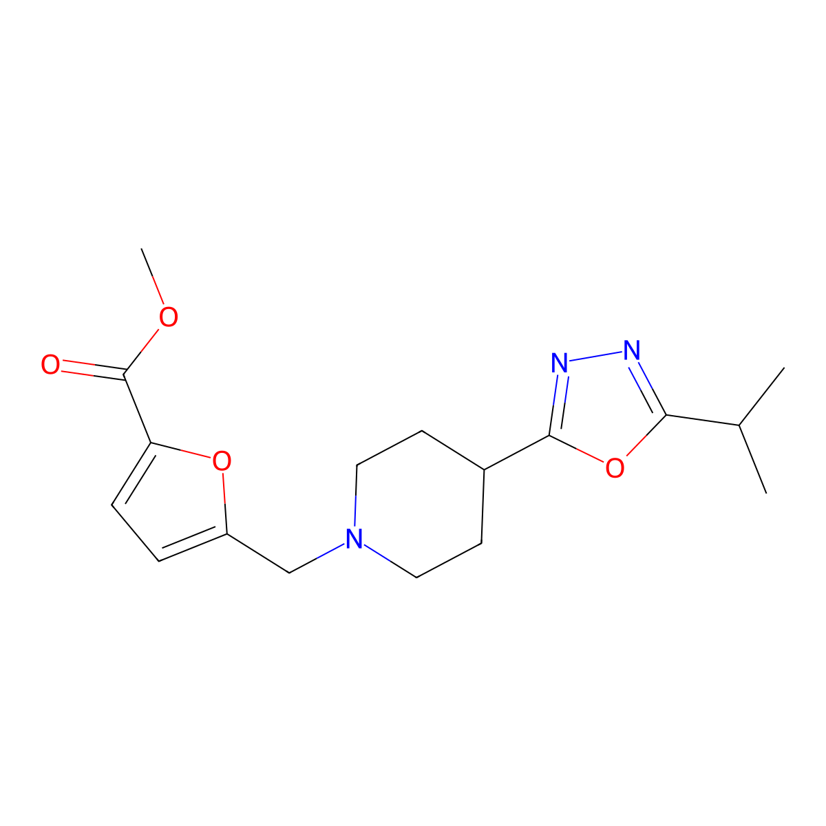 Methyl 5-((4-(5-isopropyl-1,3,4-oxadiazol-2-yl)piperidin-1-yl)methyl)furan-2-carboxylate molecular structure, CAS 1421482-23-6