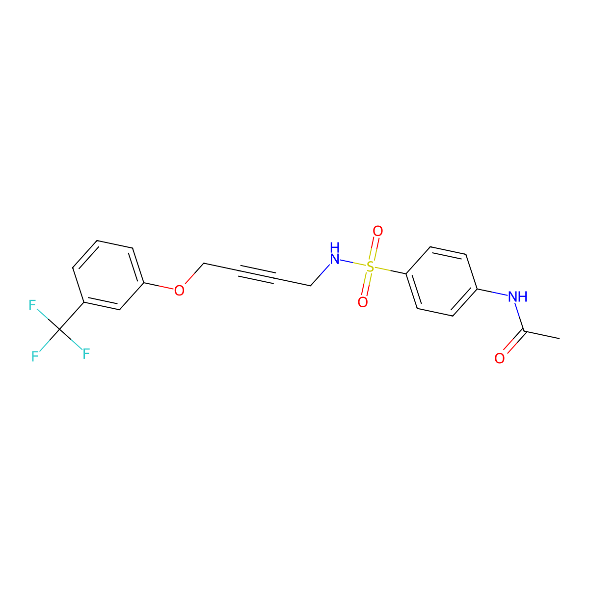 N-(4-(N-(4-(3-(trifluoromethyl)phenoxy)but-2-yn-1-yl)sulfamoyl)phenyl)acetamide molecular structure, CAS 1421482-29-2