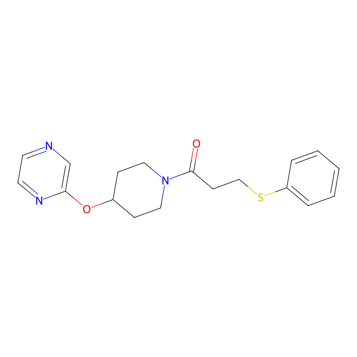 3-(Phenylthio)-1-(4-(pyrazin-2-yloxy)piperidin-1-yl)propan-1-one molecular structure, CAS 1421482-30-5