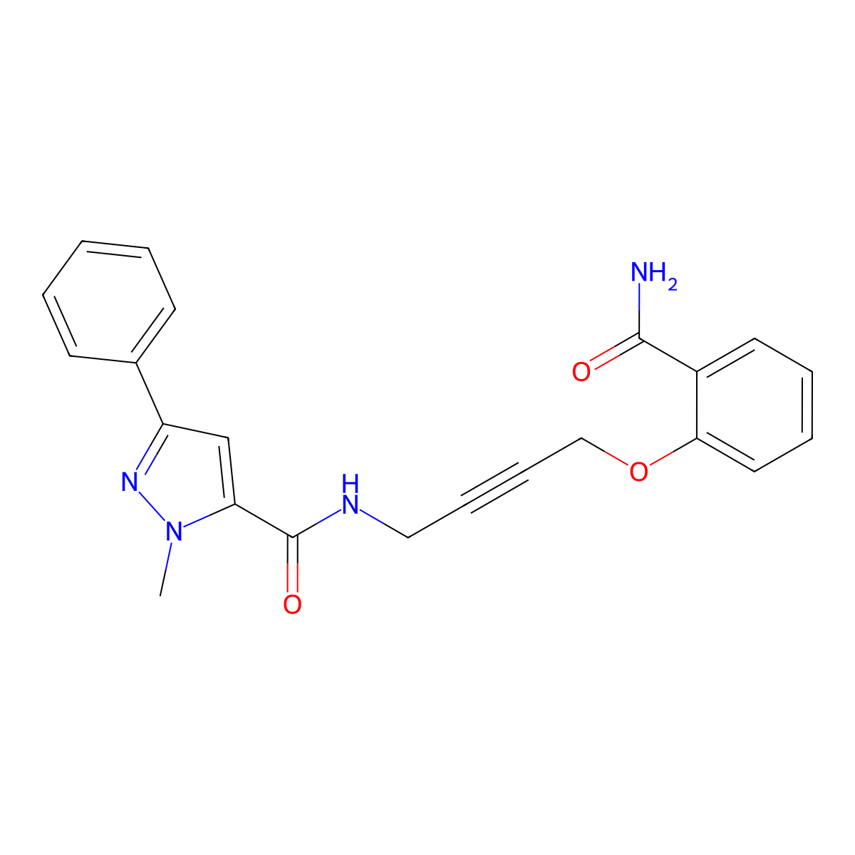 N-[4-(2-carbamoylphenoxy)but-2-yn-1-yl]-1-methyl-3-phenyl-1H-pyrazole-5-carboxamide molecular structure, CAS 1421482-43-0