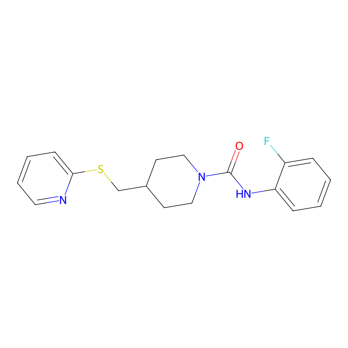 N-(2-fluorophenyl)-4-((pyridin-2-ylthio)methyl)piperidine-1-carboxamide molecular structure, CAS 1421482-44-1