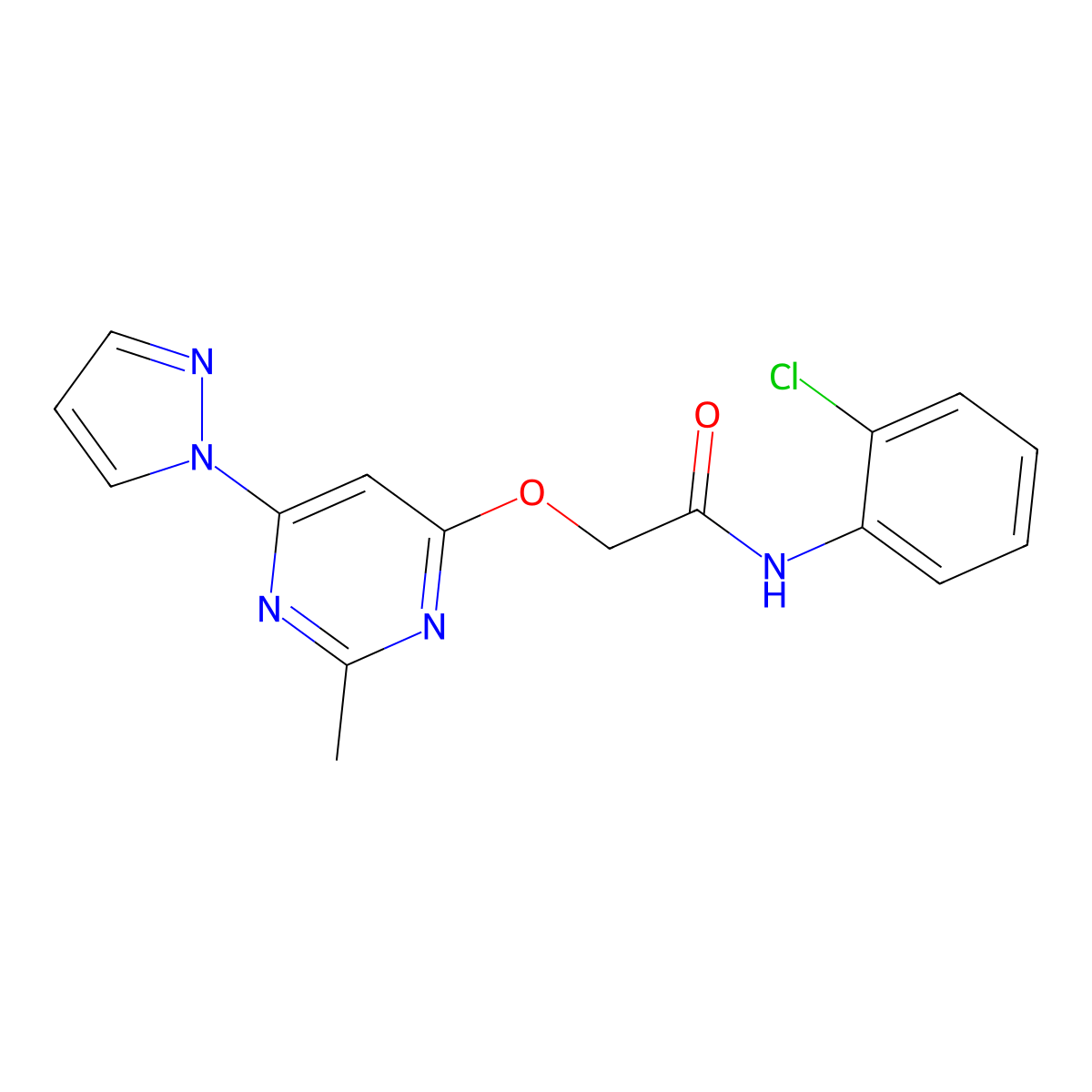 N-(2-chlorophenyl)-2-((2-methyl-6-(1H-pyrazol-1-yl)pyrimidin-4-yl)oxy)acetamide molecular structure, CAS 1421482-46-3