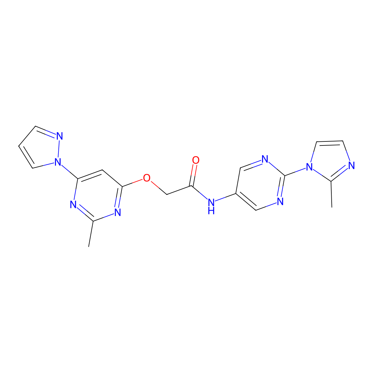 N-[2-(2-methyl-1H-imidazol-1-yl)pyrimidin-5-yl]-2-{[2-methyl-6-(1H-pyrazol-1-yl)pyrimidin-4-yl]oxy}acetamide molecular structure, CAS 1421482-54-3