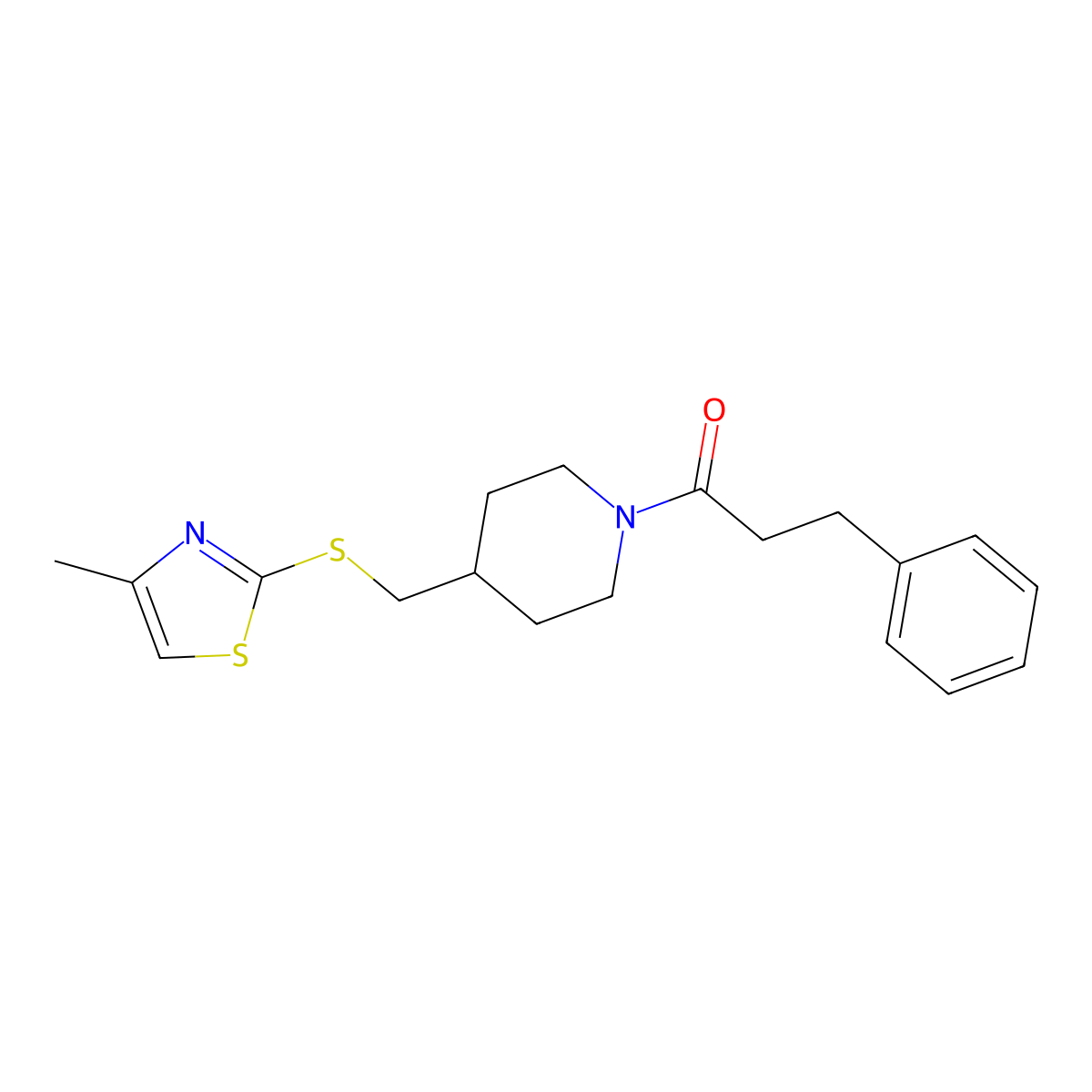 1-(4-(((4-Methylthiazol-2-yl)thio)methyl)piperidin-1-yl)-3-phenylpropan-1-one molecular structure, CAS 1421482-76-9