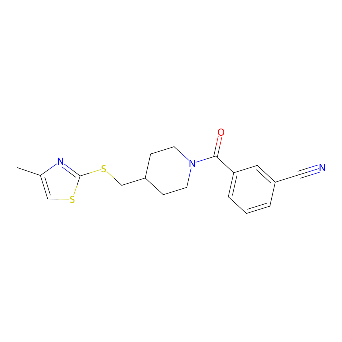 3-(4-(((4-Methylthiazol-2-yl)thio)methyl)piperidine-1-carbonyl)benzonitrile molecular structure, CAS 1421482-81-6