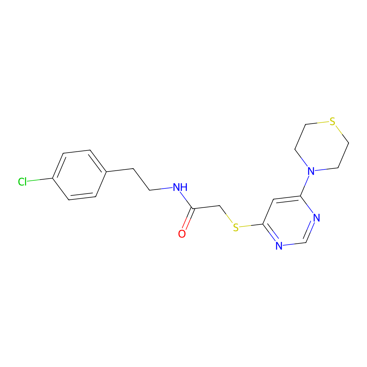 N-(4-chlorophenethyl)-2-((6-thiomorpholinopyrimidin-4-yl)thio)acetamide molecular structure, CAS 1421482-87-2
