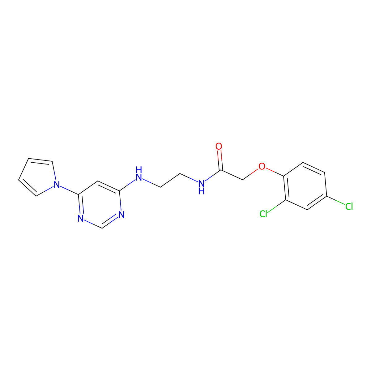 N-(2-((6-(1H-pyrrol-1-yl)pyrimidin-4-yl)amino)ethyl)-2-(2,4-dichlorophenoxy)acetamide molecular structure, CAS 1421482-90-7