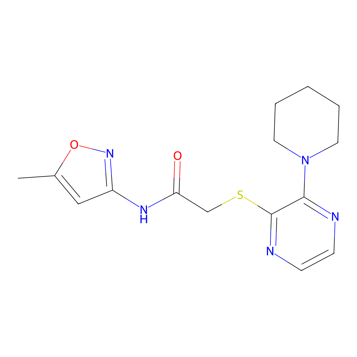 N-(5-Methyl-1,2-oxazol-3-YL)-2-{[3-(piperidin-1-YL)pyrazin-2-YL]sulfanyl}acetamide molecular structure, CAS 1421482-94-1