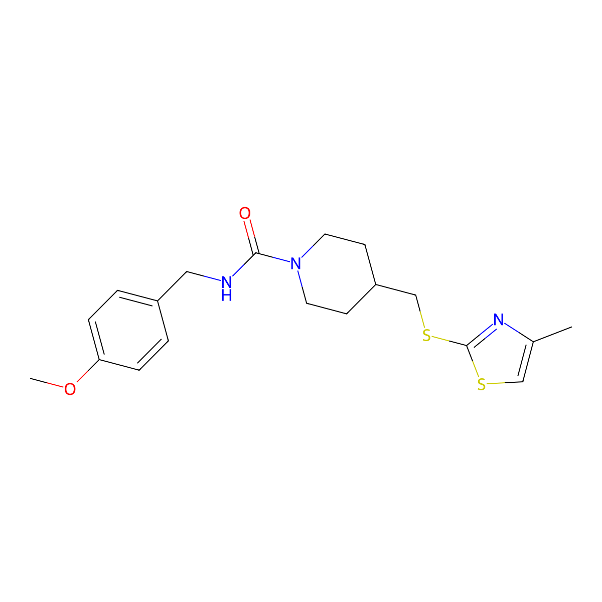 N-(4-methoxybenzyl)-4-(((4-methylthiazol-2-yl)thio)methyl)piperidine-1-carboxamide molecular structure, CAS 1421482-96-3