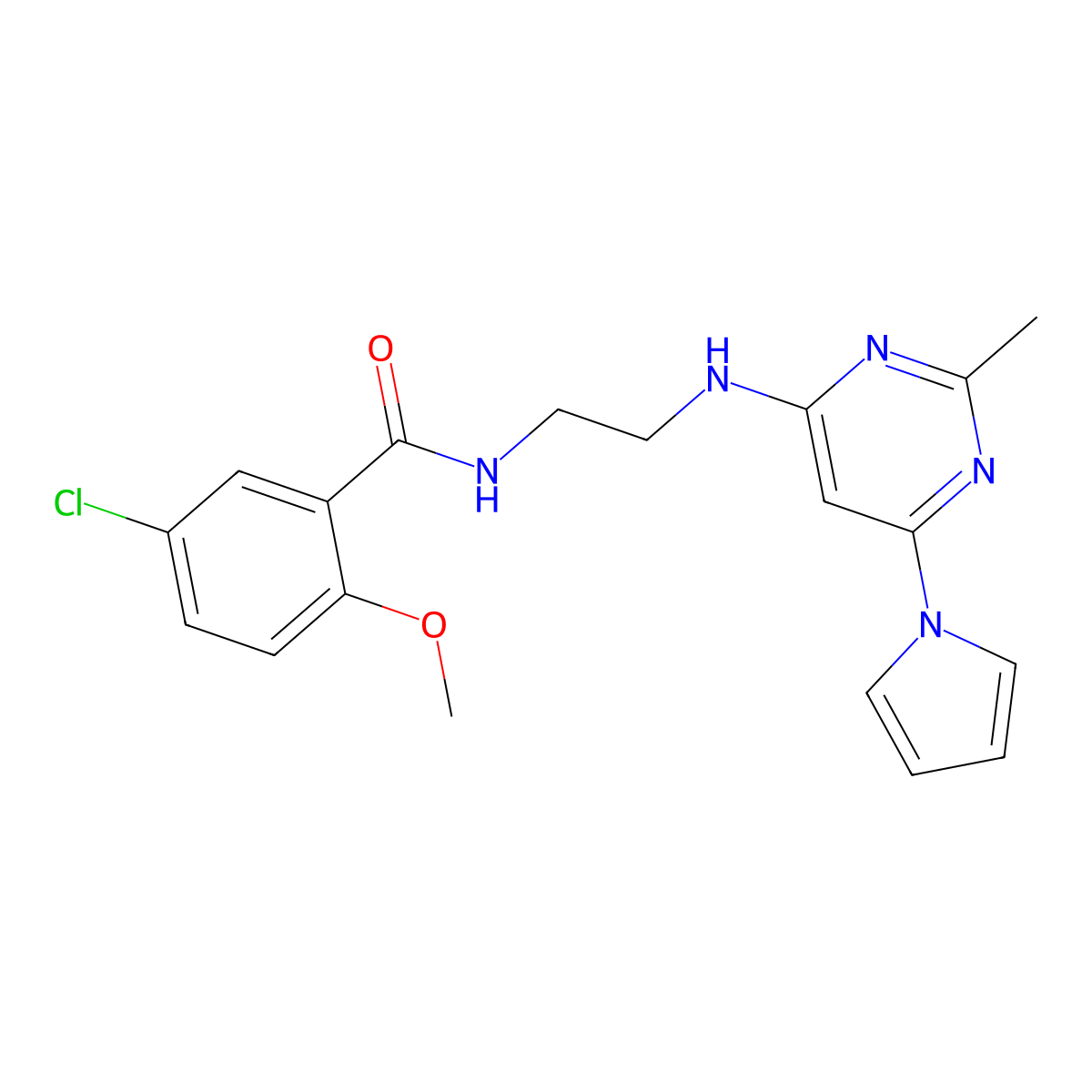 5-chloro-2-methoxy-N-(2-((2-methyl-6-(1H-pyrrol-1-yl)pyrimidin-4-yl)amino)ethyl)benzamide molecular structure, CAS 1421482-98-5