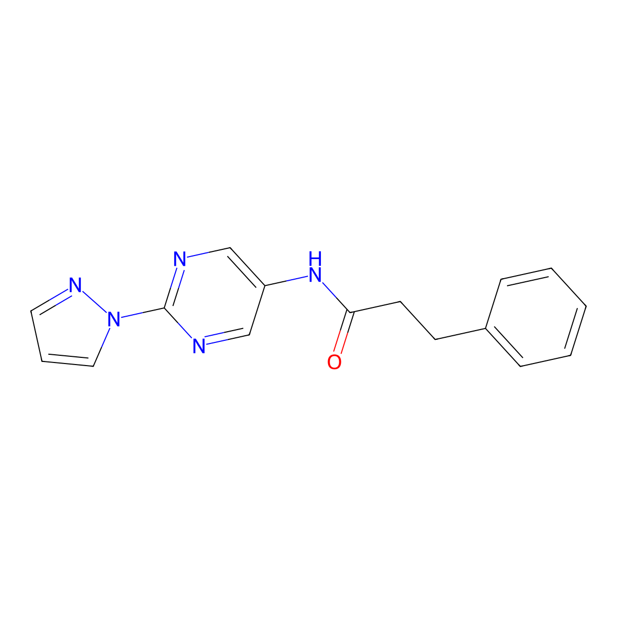 N-(2-(1H-pyrazol-1-yl)pyrimidin-5-yl)-3-phenylpropanamide molecular structure, CAS 1421483-23-9