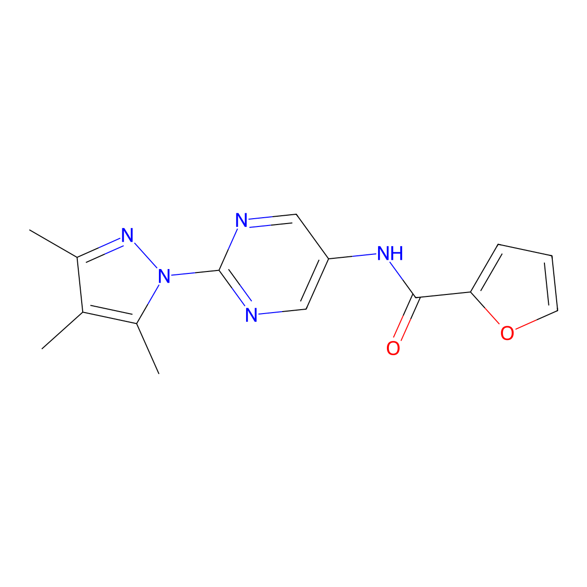 N-(2-(3,4,5-trimethyl-1H-pyrazol-1-yl)pyrimidin-5-yl)furan-2-carboxamide molecular structure, CAS 1421483-35-3