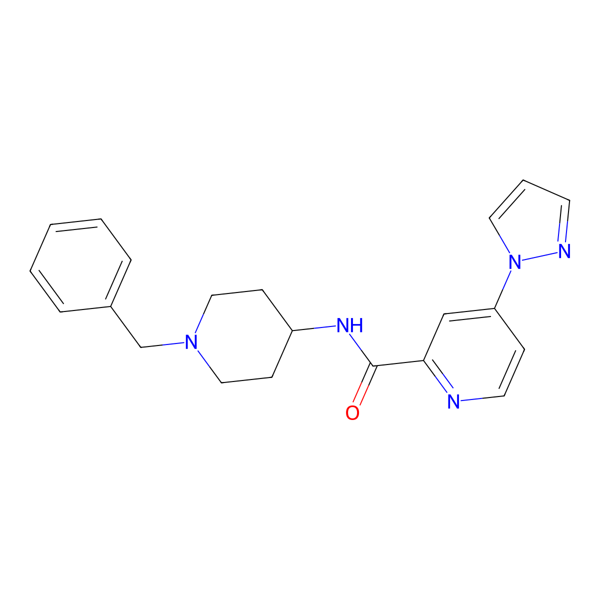 N-(1-benzylpiperidin-4-yl)-4-(1H-pyrazol-1-yl)picolinamide molecular structure, CAS 1421483-49-9