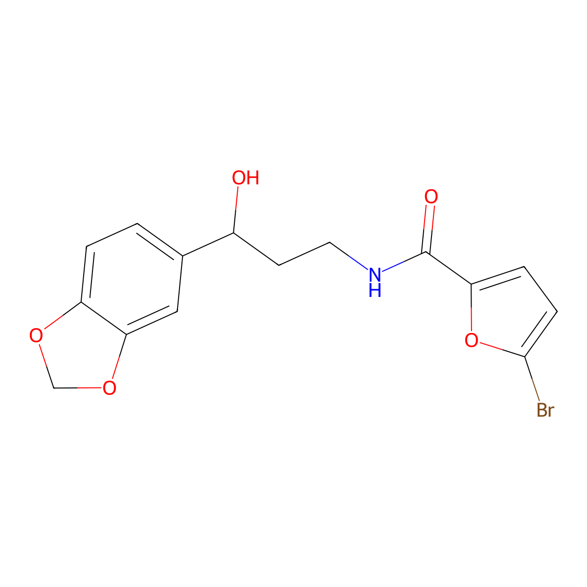 N-(3-(benzo[d][1,3]dioxol-5-yl)-3-hydroxypropyl)-5-bromofuran-2-carboxamide molecular structure, CAS 1421483-50-2