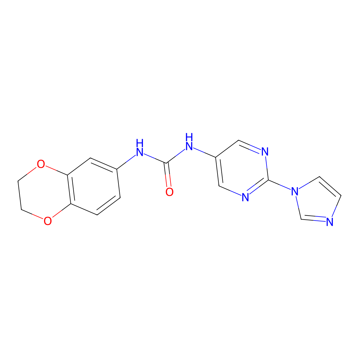 1-(2-(1H-imidazol-1-yl)pyrimidin-5-yl)-3-(2,3-dihydrobenzo[b][1,4]dioxin-6-yl)urea molecular structure, CAS 1421483-59-1