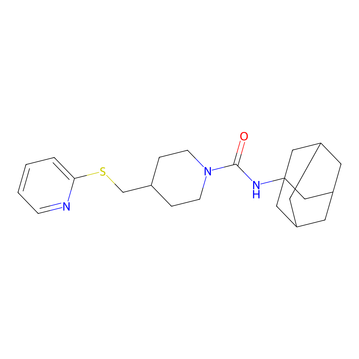 N-((3s,5s,7s)-adamantan-1-yl)-4-((pyridin-2-ylthio)methyl)piperidine-1-carboxamide molecular structure, CAS 1421483-60-4