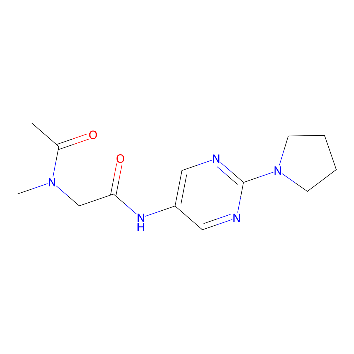N-methyl-N-(2-oxo-2-((2-(pyrrolidin-1-yl)pyrimidin-5-yl)amino)ethyl)acetamide molecular structure, CAS 1421483-63-7