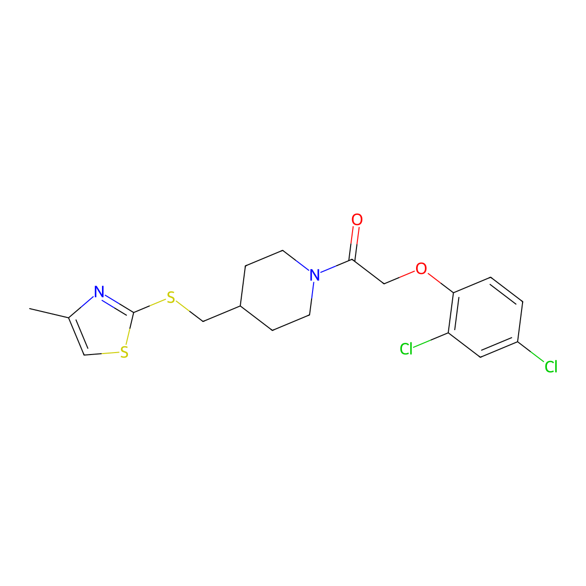 2-(2,4-Dichlorophenoxy)-1-(4-(((4-methylthiazol-2-yl)thio)methyl)piperidin-1-yl)ethanone molecular structure, CAS 1421483-73-9