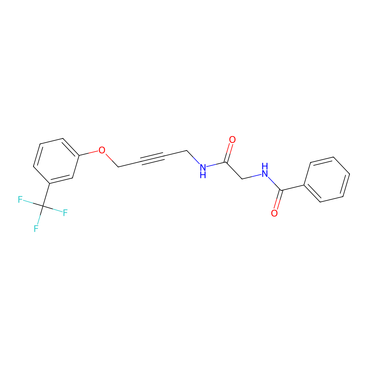 N-(2-oxo-2-((4-(3-(trifluoromethyl)phenoxy)but-2-yn-1-yl)amino)ethyl)benzamide molecular structure, CAS 1421483-76-2