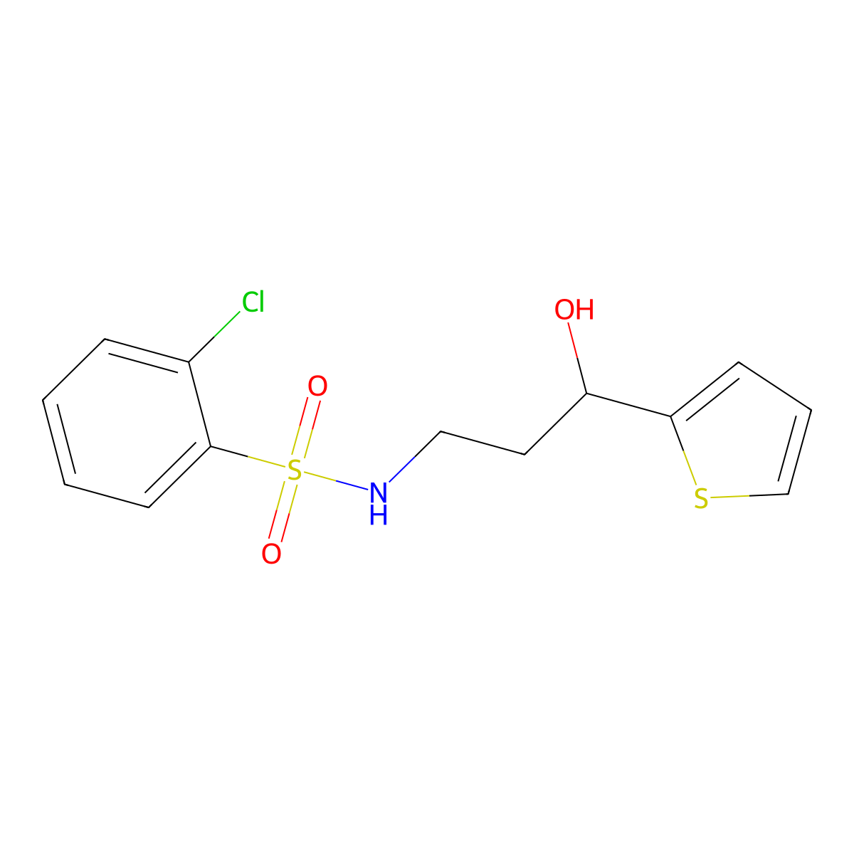 2-chloro-N-(3-hydroxy-3-(thiophen-2-yl)propyl)benzenesulfonamide molecular structure, CAS 1421483-78-4