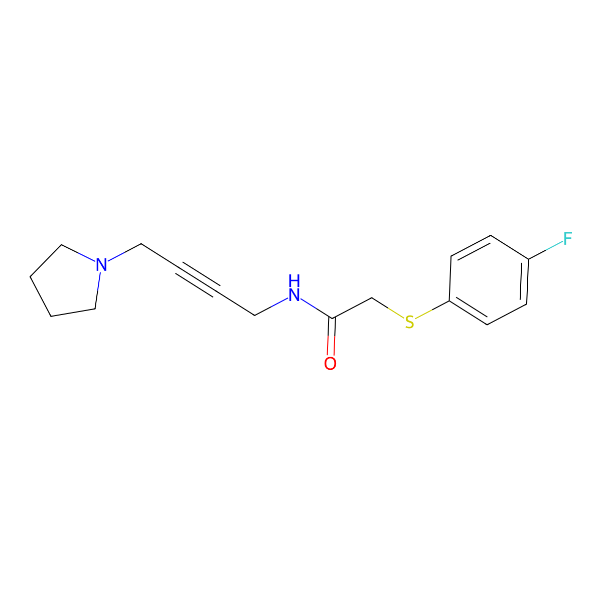 2-((4-fluorophenyl)thio)-N-(4-(pyrrolidin-1-yl)but-2-yn-1-yl)acetamide molecular structure, CAS 1421483-93-3