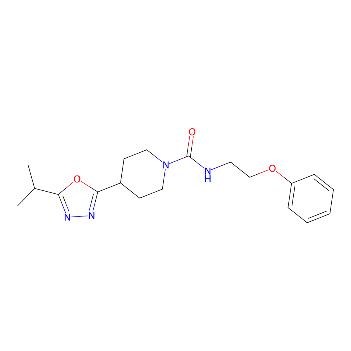 4-(5-isopropyl-1,3,4-oxadiazol-2-yl)-N-(2-phenoxyethyl)piperidine-1-carboxamide molecular structure, CAS 1421484-03-8