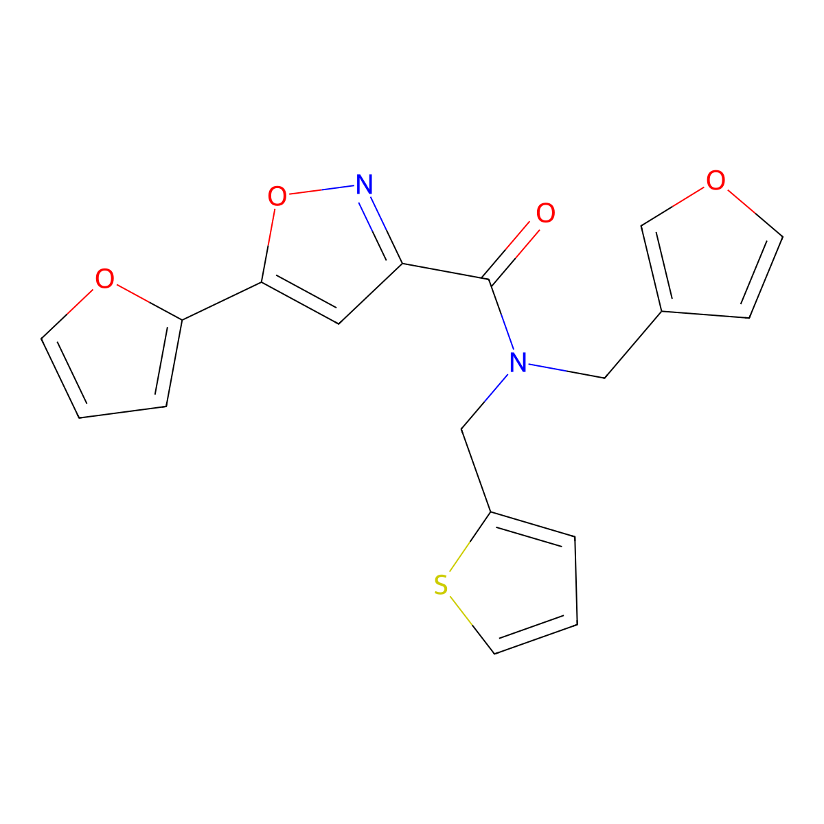 5-(furan-2-yl)-N-(furan-3-ylmethyl)-N-(thiophen-2-ylmethyl)isoxazole-3-carboxamide molecular structure, CAS 1421484-04-9