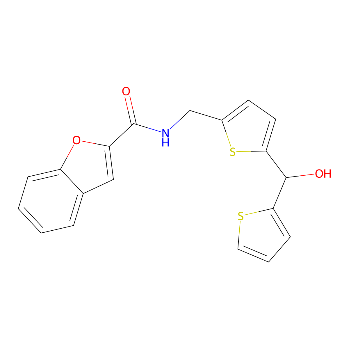 N-((5-(hydroxy(thiophen-2-yl)methyl)thiophen-2-yl)methyl)benzofuran-2-carboxamide molecular structure, CAS 1421484-14-1