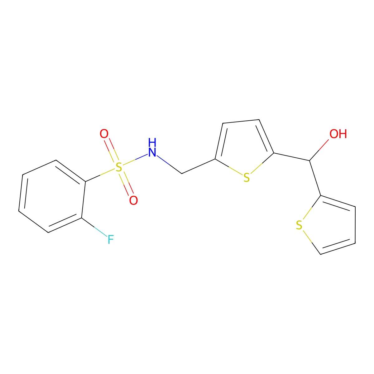 2-fluoro-N-((5-(hydroxy(thiophen-2-yl)methyl)thiophen-2-yl)methyl)benzenesulfonamide molecular structure, CAS 1421484-31-2