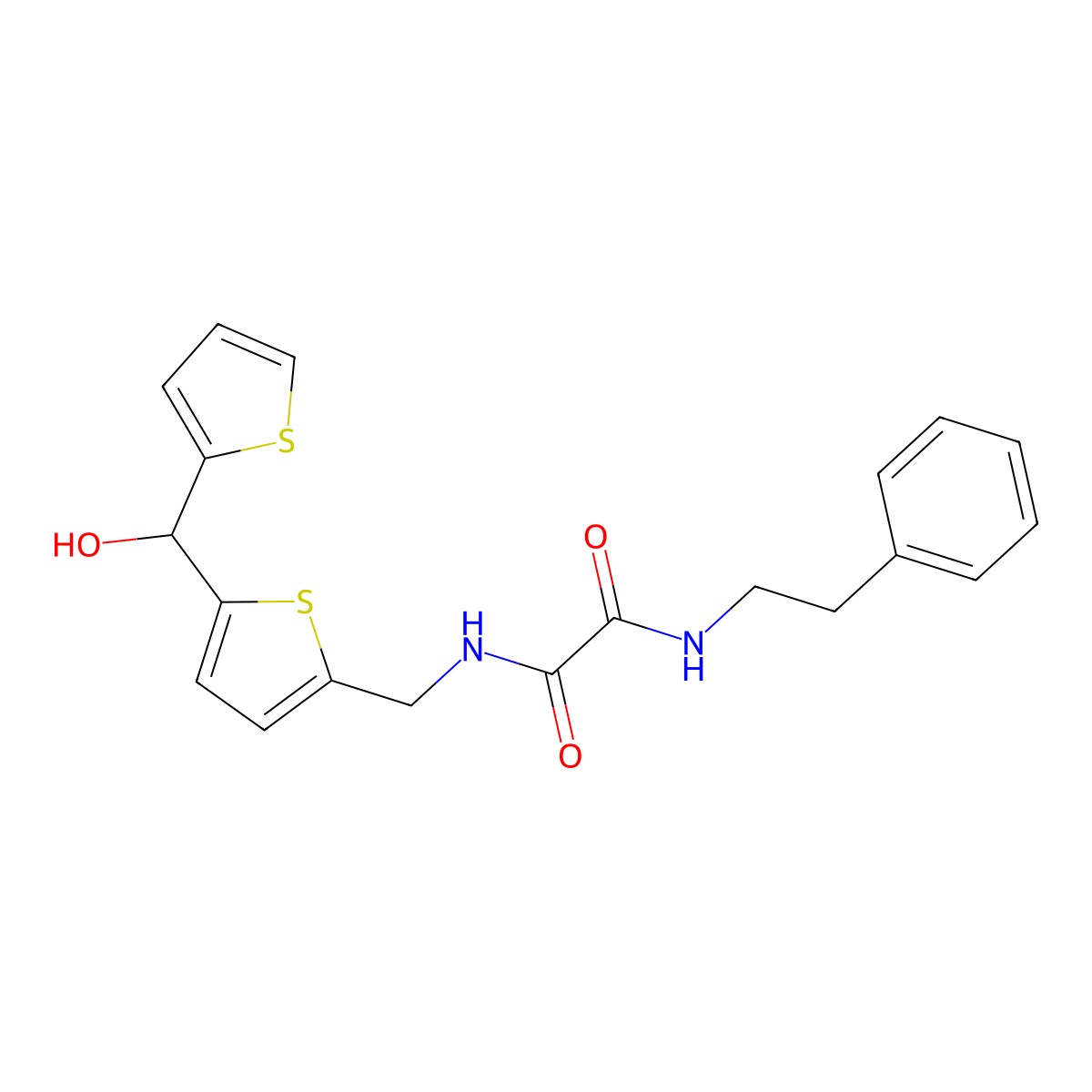 N1-((5-(hydroxy(thiophen-2-yl)methyl)thiophen-2-yl)methyl)-N2-phenethyloxalamide molecular structure, CAS 1421484-41-4