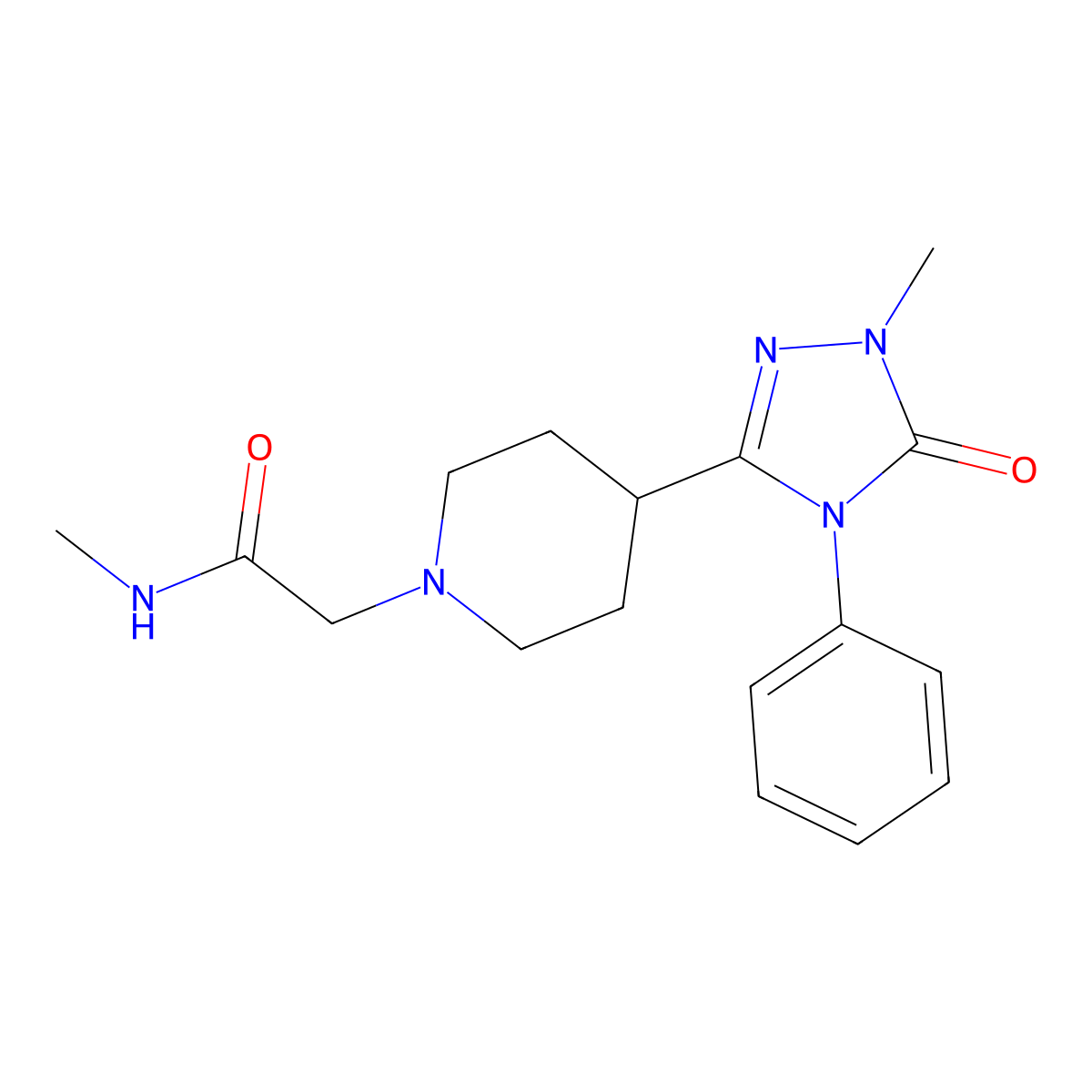 N-methyl-2-(4-(1-methyl-5-oxo-4-phenyl-4,5-dihydro-1H-1,2,4-triazol-3-yl)piperidin-1-yl)acetamide molecular structure, CAS 1421484-47-0