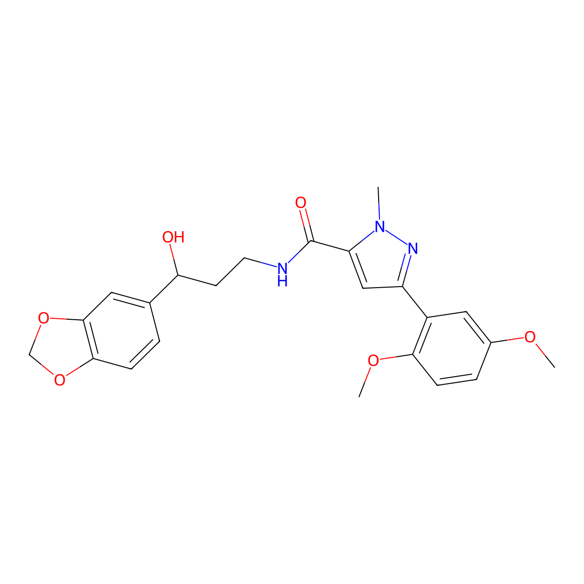 N-(3-(benzo[d][1,3]dioxol-5-yl)-3-hydroxypropyl)-3-(2,5-dimethoxyphenyl)-1-methyl-1H-pyrazole-5-carboxamide molecular structure, CAS 1421484-48-1