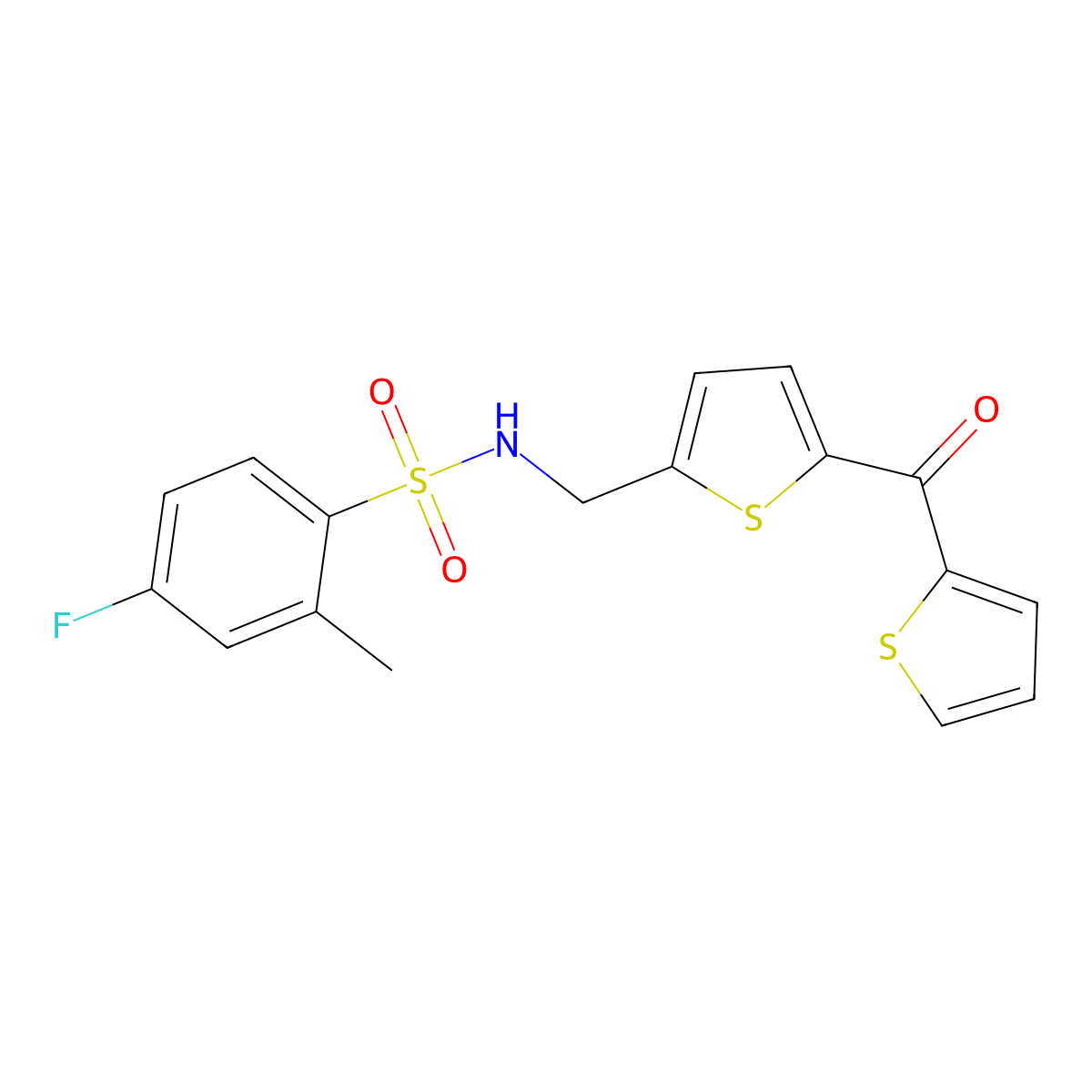 4-fluoro-2-methyl-N-((5-(thiophene-2-carbonyl)thiophen-2-yl)methyl)benzenesulfonamide molecular structure, CAS 1421484-54-9