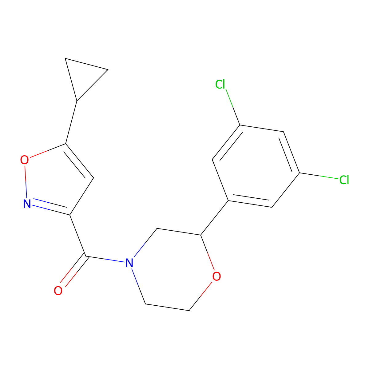 (5-Cyclopropylisoxazol-3-yl)(2-(3,5-dichlorophenyl)morpholino)methanone molecular structure, CAS 1421484-64-1