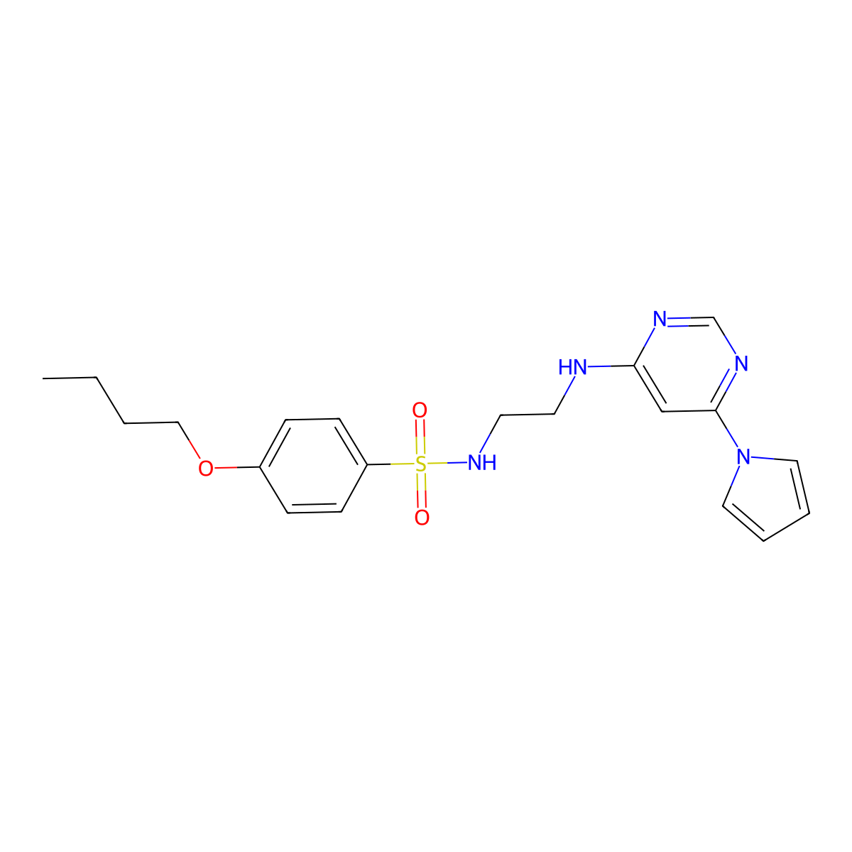 N-(2-((6-(1H-pyrrol-1-yl)pyrimidin-4-yl)amino)ethyl)-4-butoxybenzenesulfonamide molecular structure, CAS 1421484-73-2