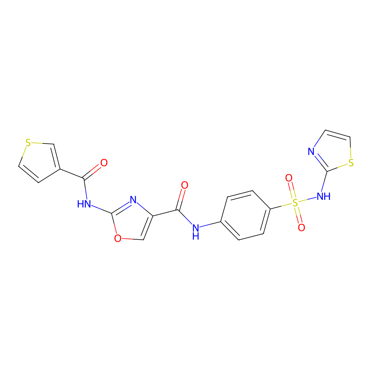N-(4-(N-(thiazol-2-yl)sulfamoyl)phenyl)-2-(thiophene-3-carboxamido)oxazole-4-carboxamide molecular structure, CAS 1421484-77-6