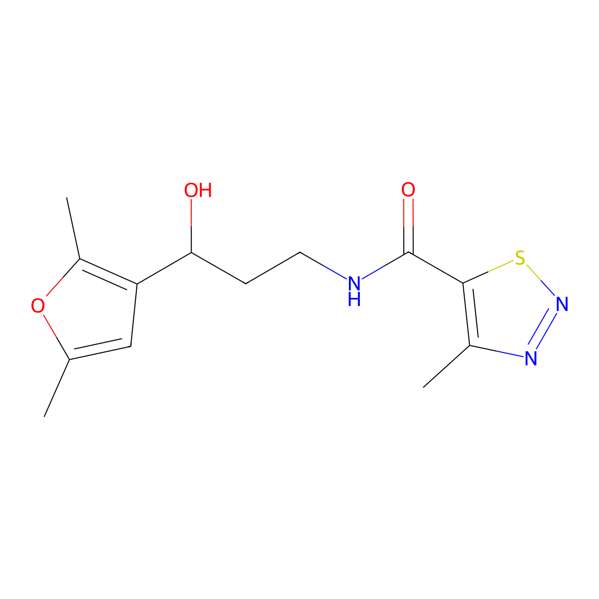 N-(3-(2,5-dimethylfuran-3-yl)-3-hydroxypropyl)-4-methyl-1,2,3-thiadiazole-5-carboxamide molecular structure, CAS 1421484-89-0