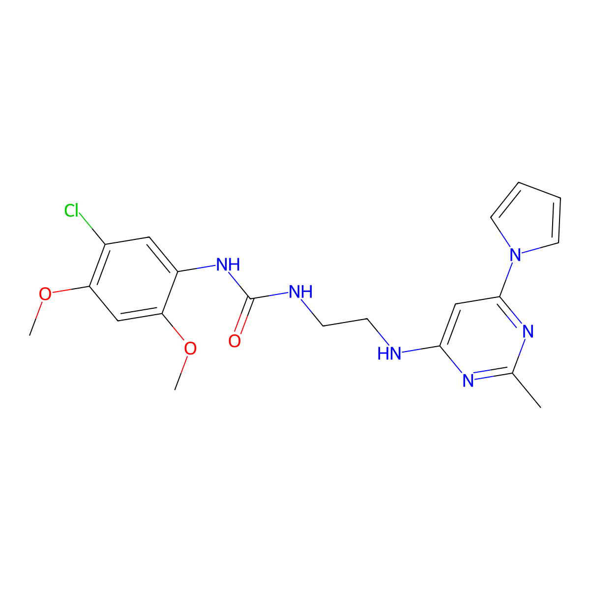 1-(5-chloro-2,4-dimethoxyphenyl)-3-(2-((2-methyl-6-(1H-pyrrol-1-yl)pyrimidin-4-yl)amino)ethyl)urea molecular structure, CAS 1421484-96-9