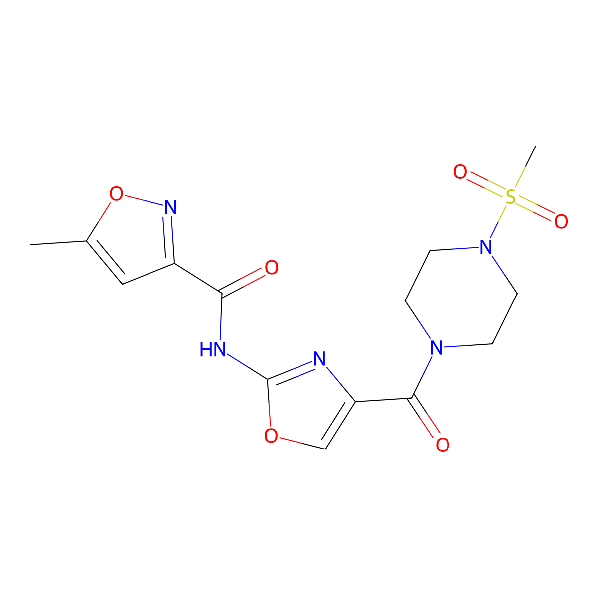 5-methyl-N-(4-(4-(methylsulfonyl)piperazine-1-carbonyl)oxazol-2-yl)isoxazole-3-carboxamide molecular structure, CAS 1421485-02-0