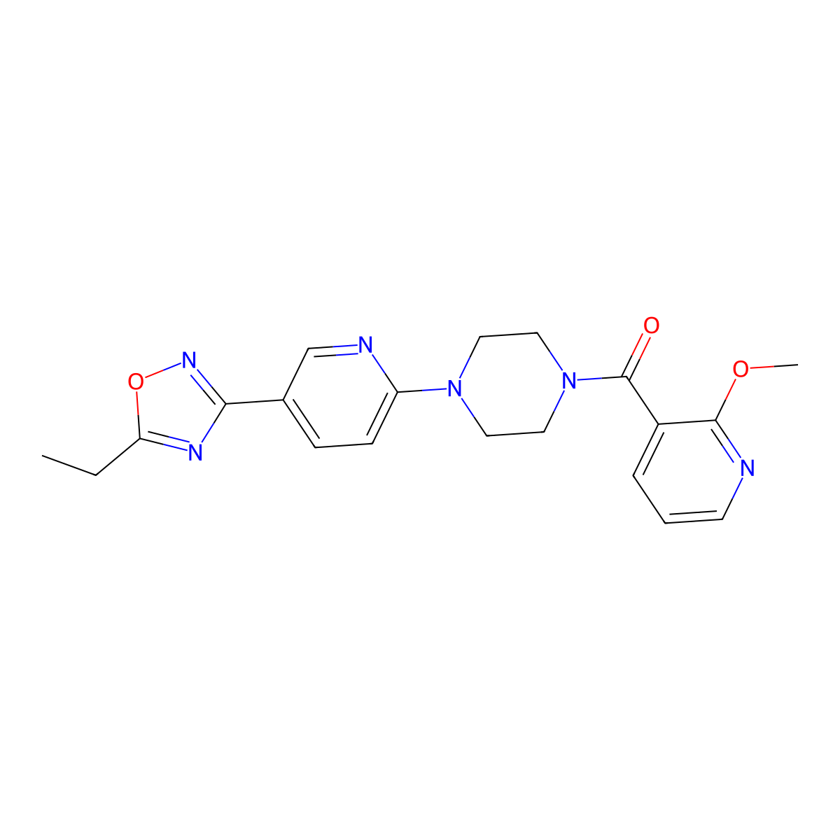 (4-(5-(5-Ethyl-1,2,4-oxadiazol-3-yl)pyridin-2-yl)piperazin-1-yl)(2-methoxypyridin-3-yl)methanone molecular structure, CAS 1421485-05-3