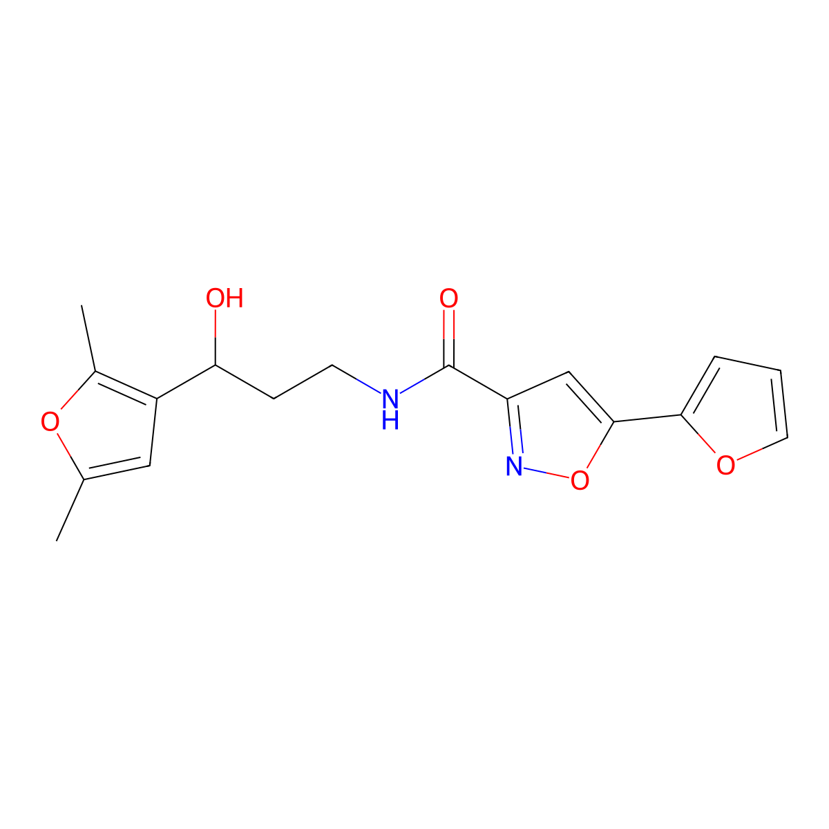 N-(3-(2,5-dimethylfuran-3-yl)-3-hydroxypropyl)-5-(furan-2-yl)isoxazole-3-carboxamide molecular structure, CAS 1421485-06-4