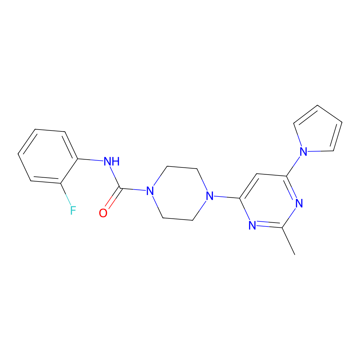 N-(2-fluorophenyl)-4-(2-methyl-6-(1H-pyrrol-1-yl)pyrimidin-4-yl)piperazine-1-carboxamide molecular structure, CAS 1421485-14-4