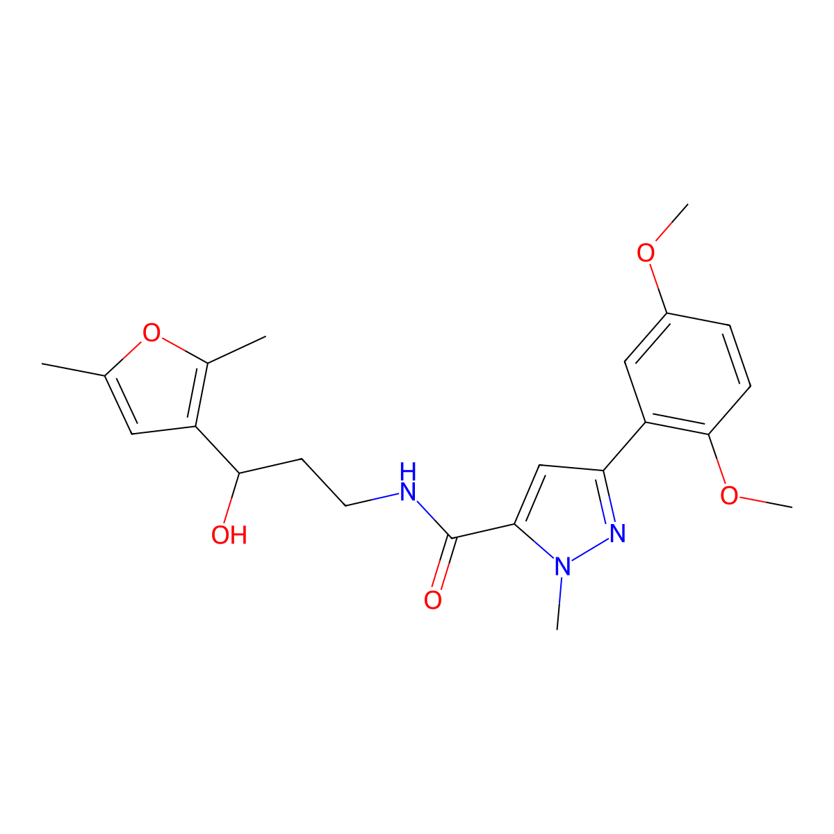 3-(2,5-dimethoxyphenyl)-N-(3-(2,5-dimethylfuran-3-yl)-3-hydroxypropyl)-1-methyl-1H-pyrazole-5-carboxamide molecular structure, CAS 1421485-26-8